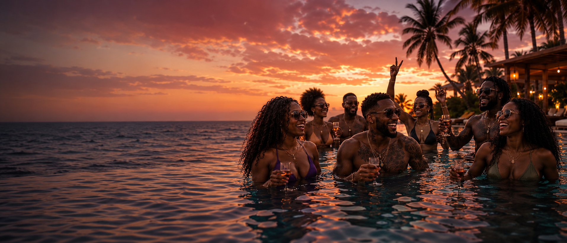 A joyful group of friends celebrating together in a tropical infinity pool at sunset